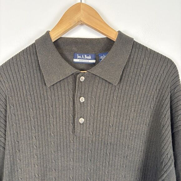 VTG Jos A Bank Mens Large Polo Sweater Dark Olive Green Button Pullover Cotton - Picture 2 of 5